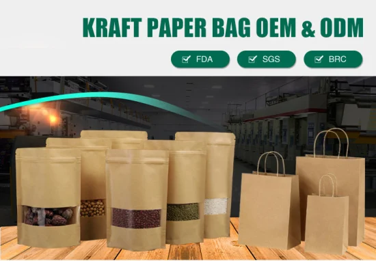 Emballage biodégradable FSC Aliments réutilisables Ordures de cadeau de riz Achats promotionnels Litière pour chat Nourriture pour animaux de compagnie Sac en papier d'emballage de poignée en papier kraft blanc brun